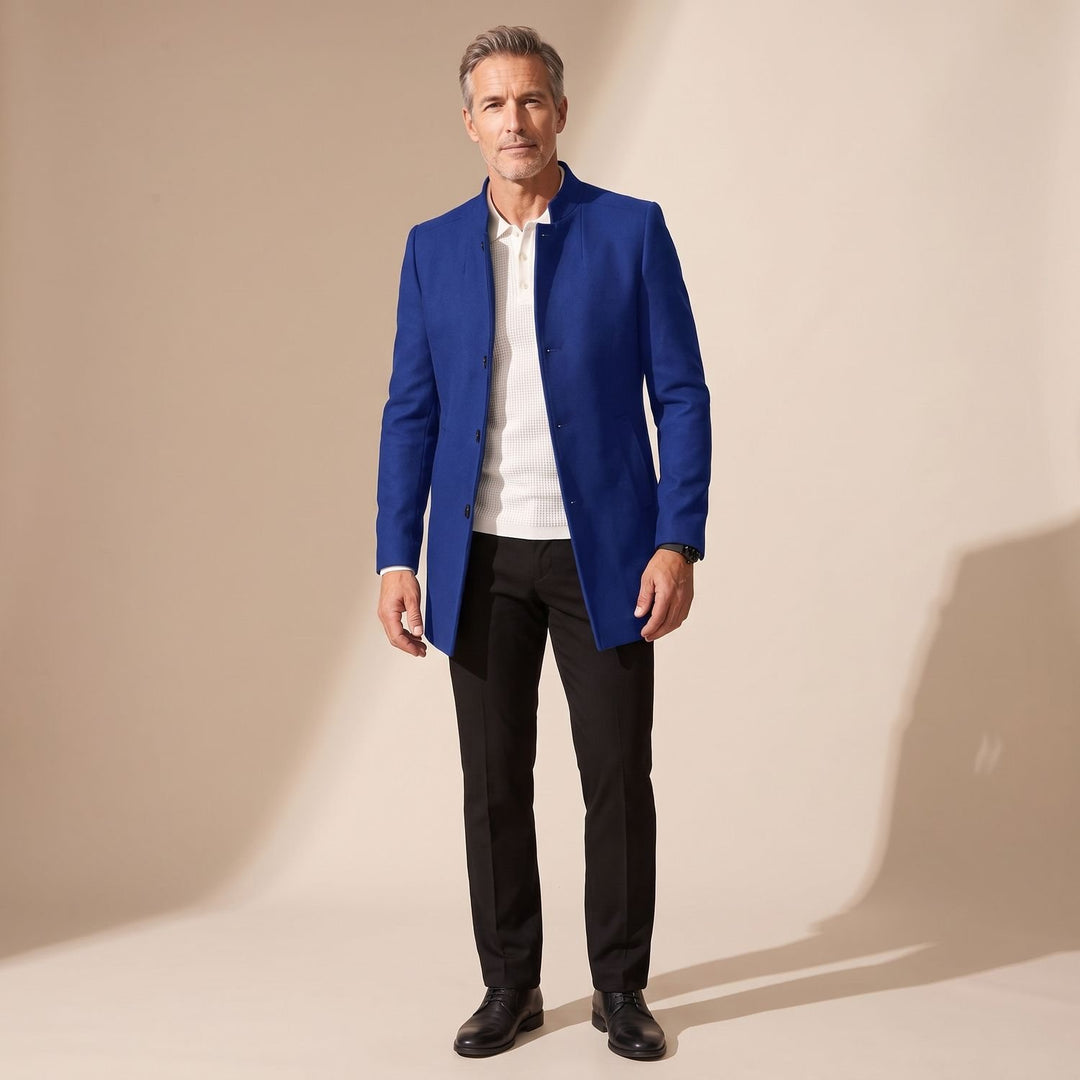 Men's Elegant Slim-Fit Collarless Winter Dress Coat - Royal Blue