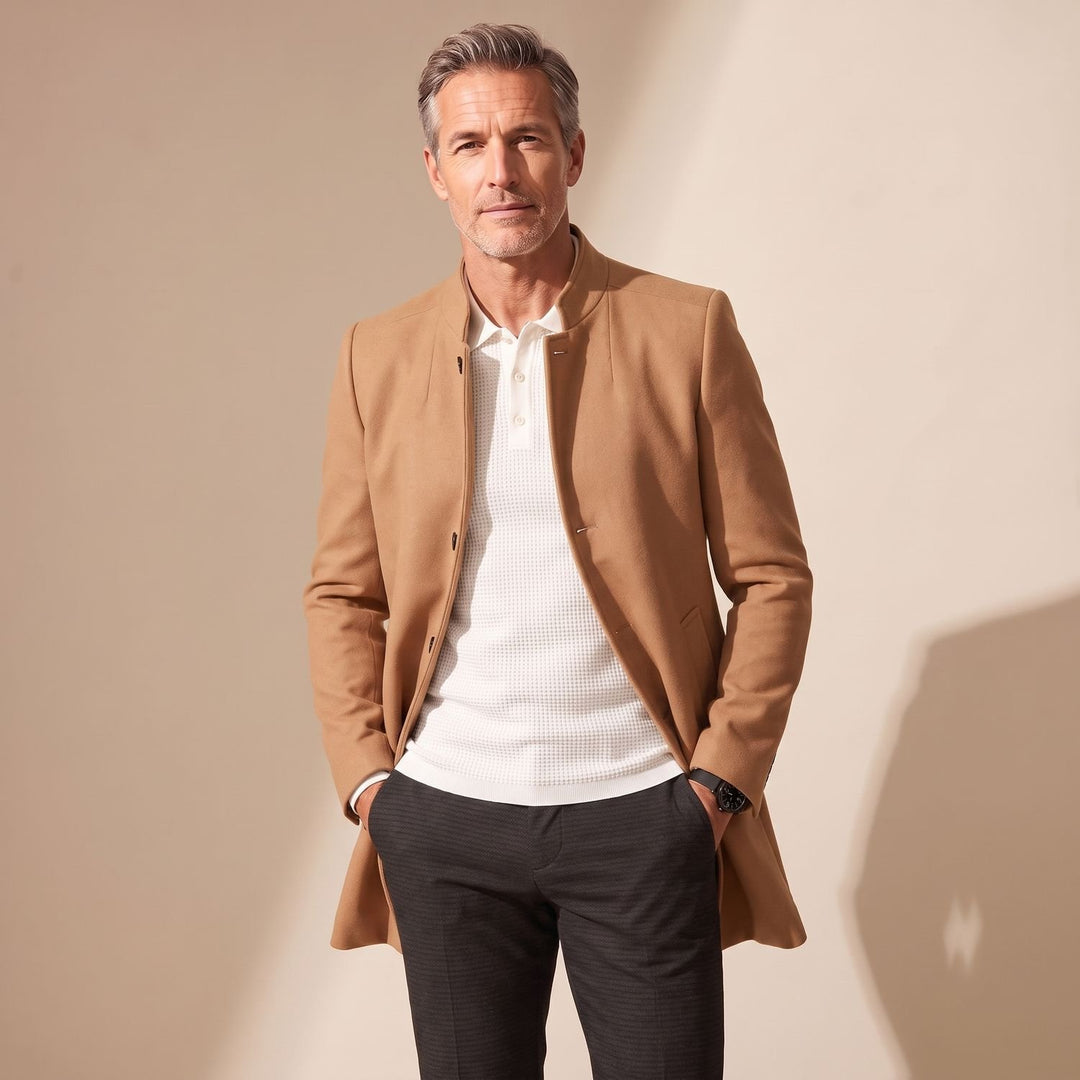 Men's Elegant Slim-Fit Collarless Winter Dress Coat - Camel