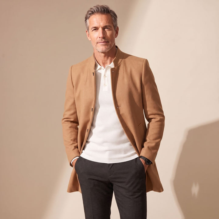 Men's Elegant Slim-Fit Collarless Winter Dress Coat - Camel