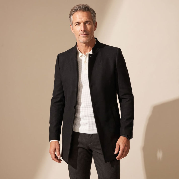 Men's Elegant Slim-Fit Collarless Winter Dress Coat - Black