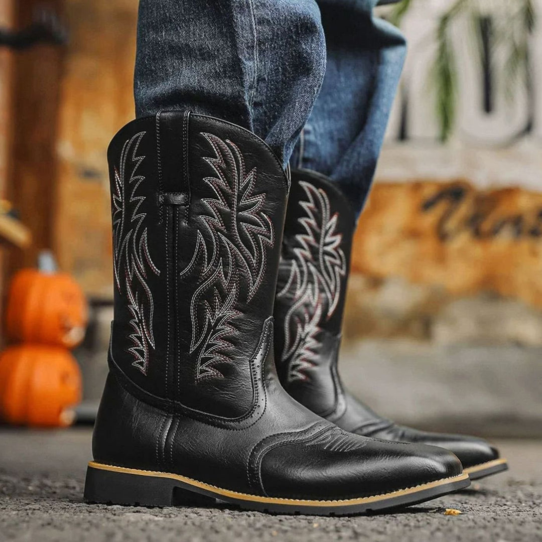 Men's Embroidered Leather Square-Toe Western Cowboy Boots