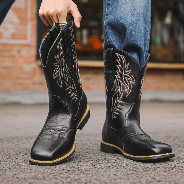 Men's Embroidered Leather Square-Toe Western Cowboy Boots