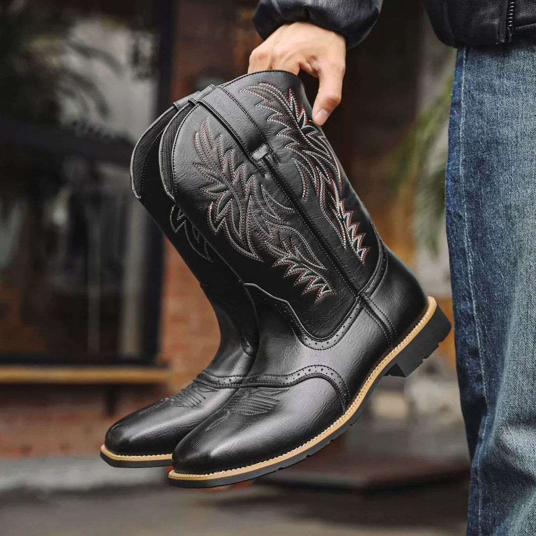 Men's Embroidered Leather Square-Toe Western Cowboy Boots - Black