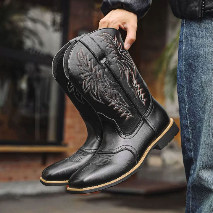 Men's Embroidered Leather Square-Toe Western Cowboy Boots - Black