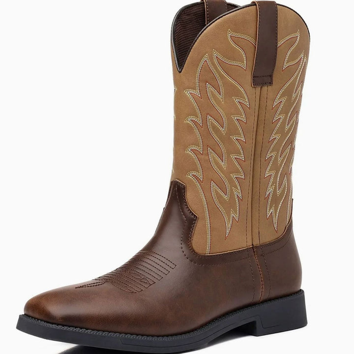 Men's Embroidered Leather Square-Toe Western Cowboy Boots - Khaki Brown