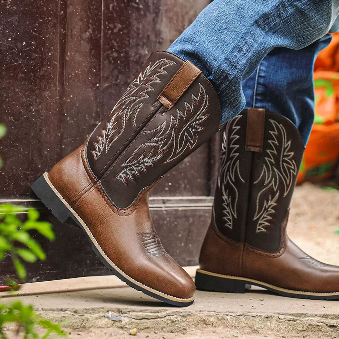Men's Embroidered Leather Square-Toe Western Cowboy Boots