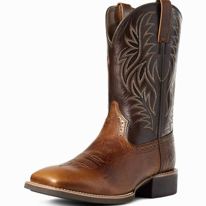 Men's Embroidered Leather Square-Toe Western Cowboy Boots - Dark Brown