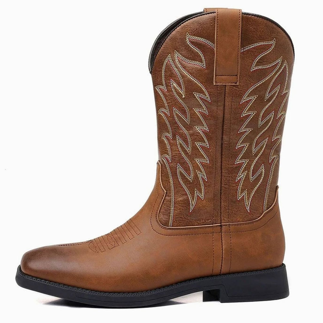 Men's Embroidered Leather Square-Toe Western Cowboy Boots - Brown