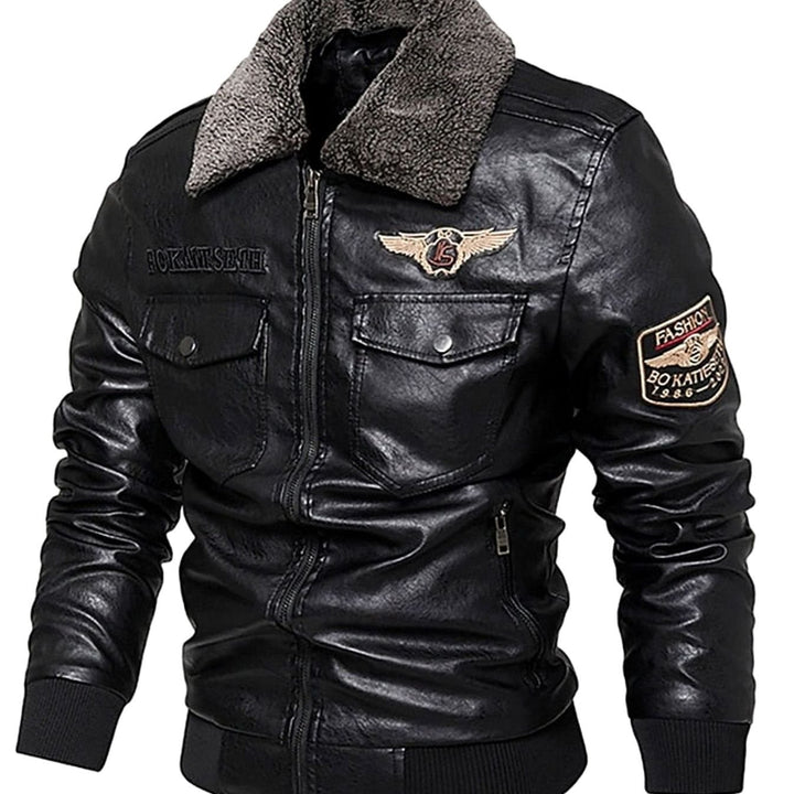 Men's Faux Leather Aviator Bomber Jacket Sherpa Collar