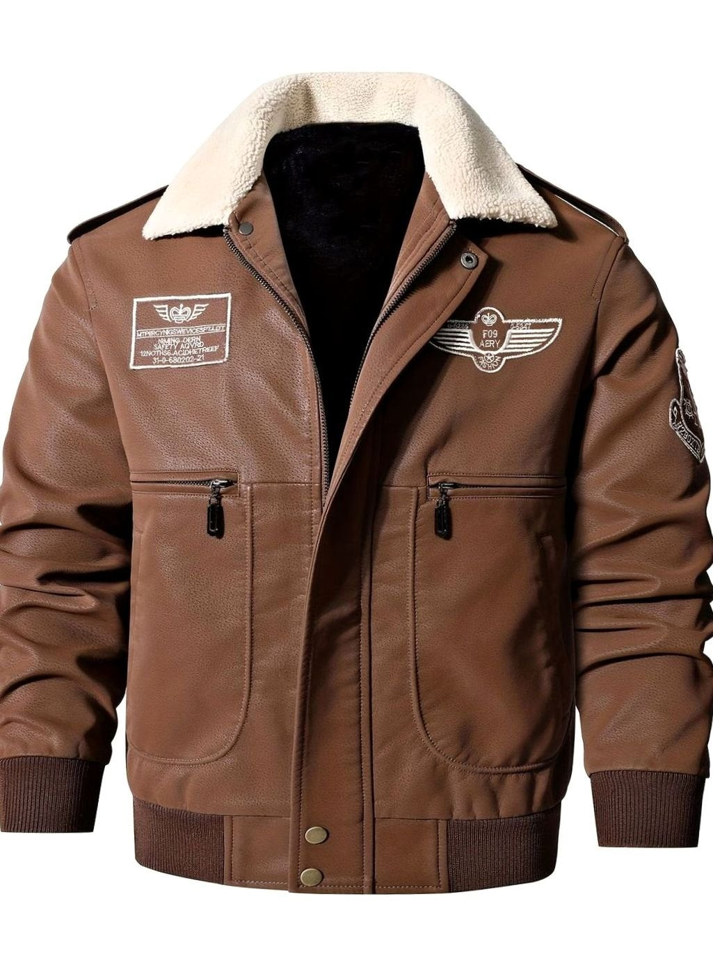 Men's Faux Leather Aviator Bomber Jacket Sherpa Collar, Black