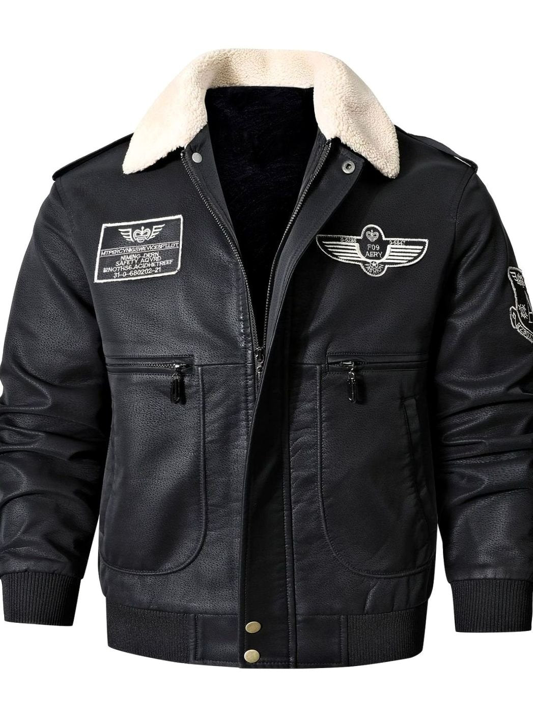Men's Faux Leather Aviator Bomber Jacket Sherpa Collar, Black