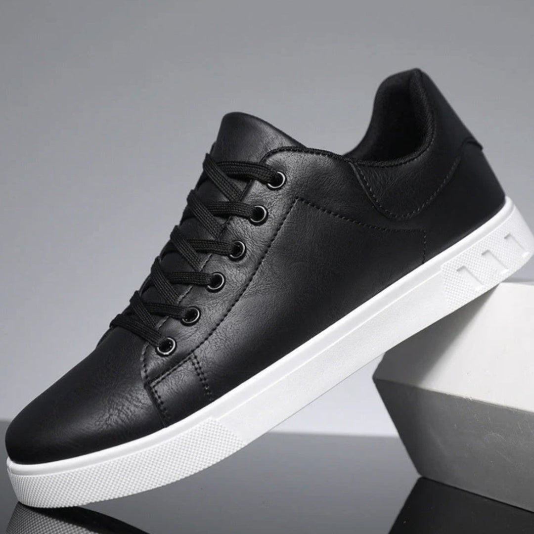 Men's Faux Leather Lace-Up Low Top Classic Sneakers - Black