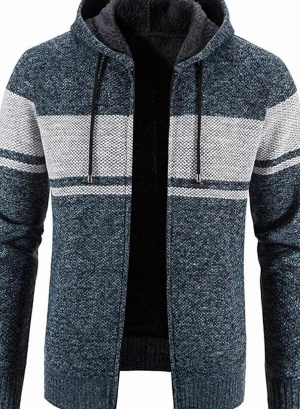 Men's Fleece-Lined Full-Zip Hooded Knit Front Cardigan Sweater - Blue Grey