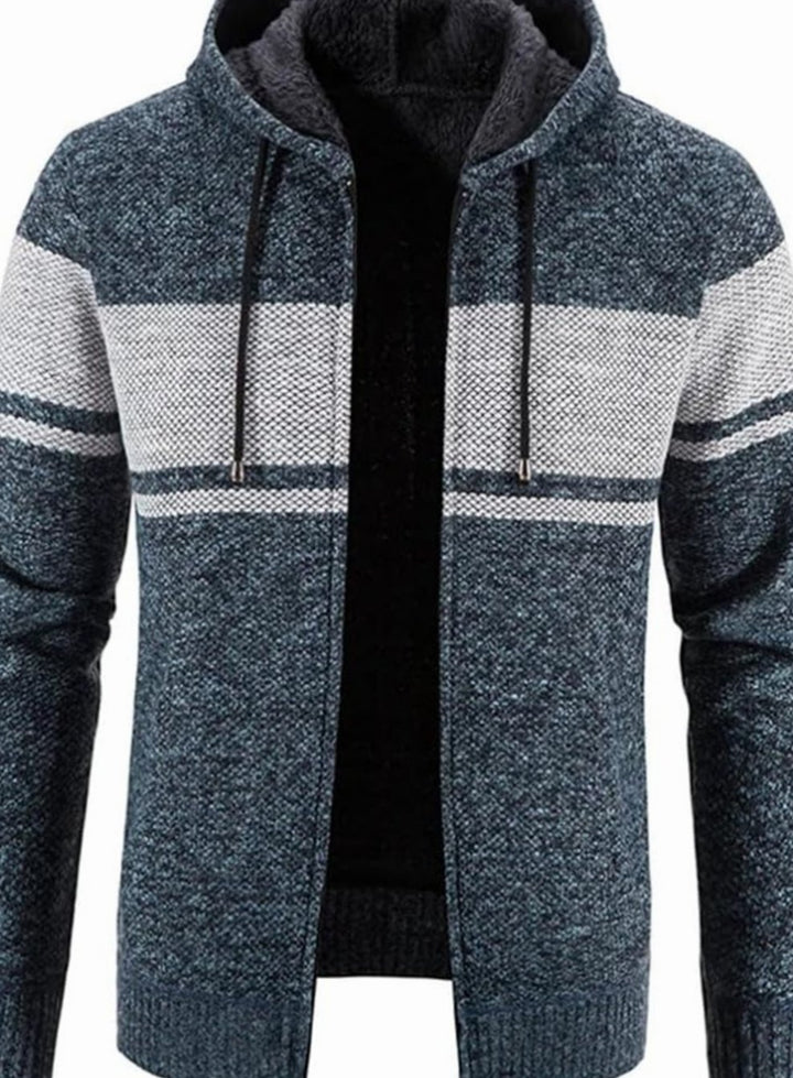 Men's Fleece-Lined Full-Zip Hooded Knit Front Cardigan Sweater - Blue Grey