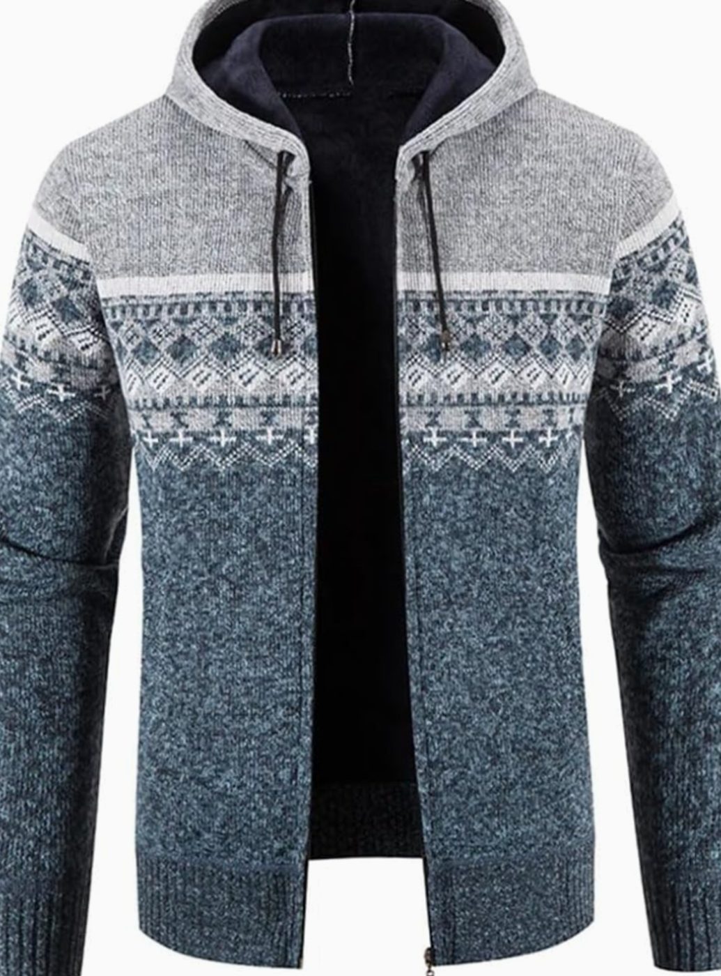 Men's Fleece-Lined Full-Zip Hooded Knit Front Cardigan Sweater - Light Grey Blue