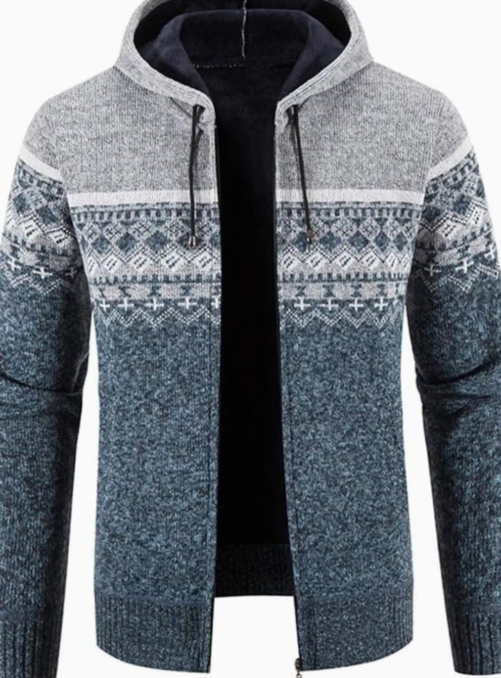 Men's Fleece-Lined Full-Zip Hooded Knit Front Cardigan Sweater - Light Grey Blue