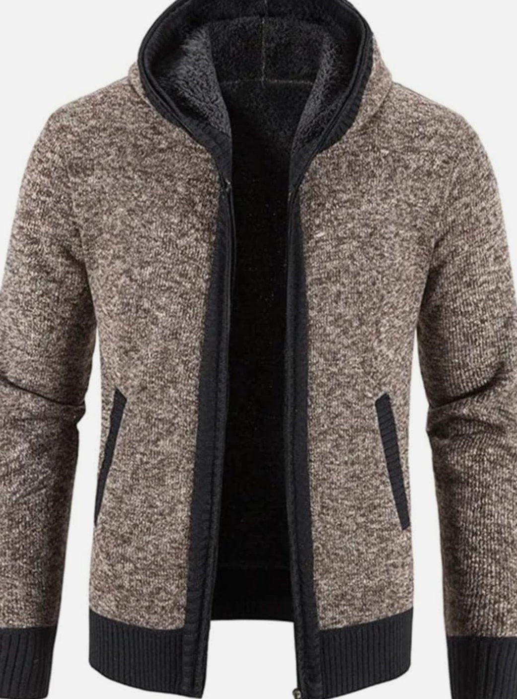 Men's Fleece-Lined Full-Zip Hooded Knit Front Cardigan Sweater - Brown