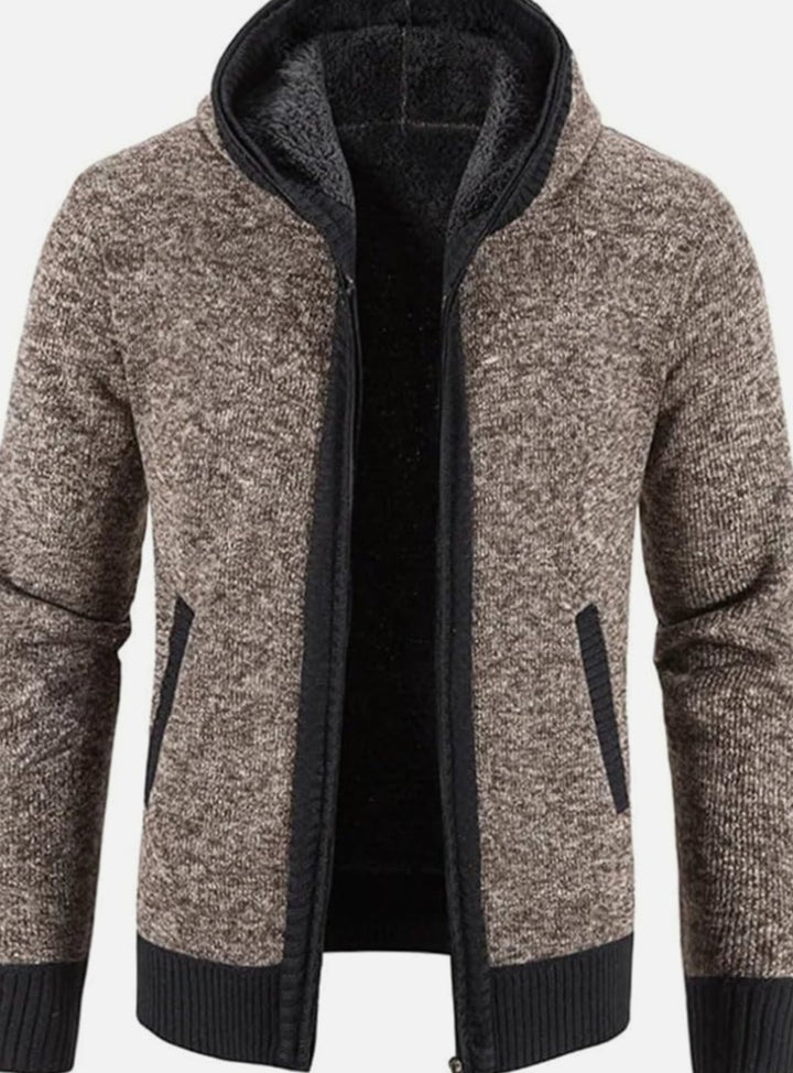 Men's Fleece-Lined Full-Zip Hooded Knit Front Cardigan Sweater - Brown