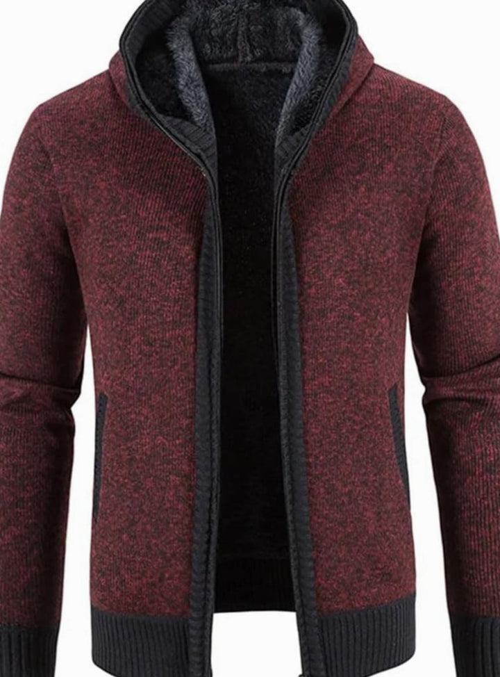Men's Fleece-Lined Full-Zip Hooded Knit Front Cardigan Sweater - Dark Red