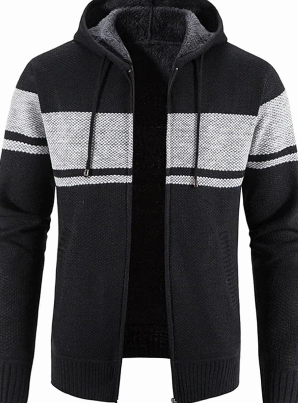 Men's Fleece-Lined Full-Zip Hooded Knit Front Cardigan Sweater - Black Grey