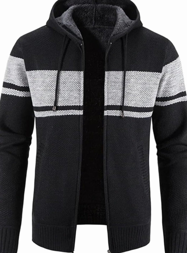 Men's Fleece-Lined Full-Zip Hooded Knit Front Cardigan Sweater - Black Grey