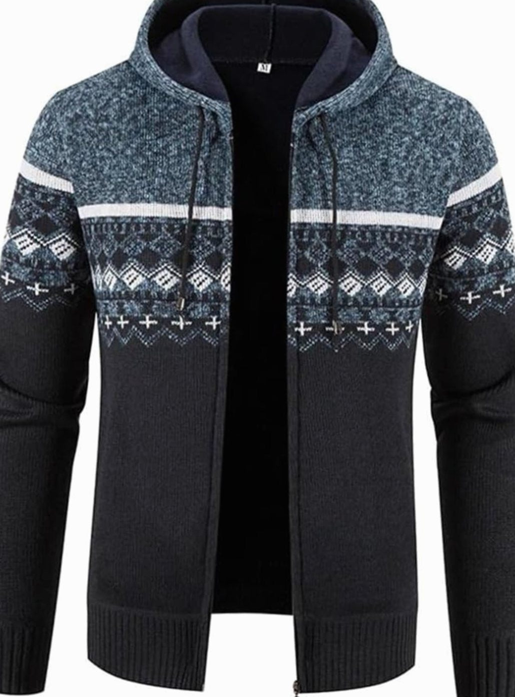 Men's Fleece-Lined Full-Zip Hooded Knit Front Cardigan Sweater - Blue Black
