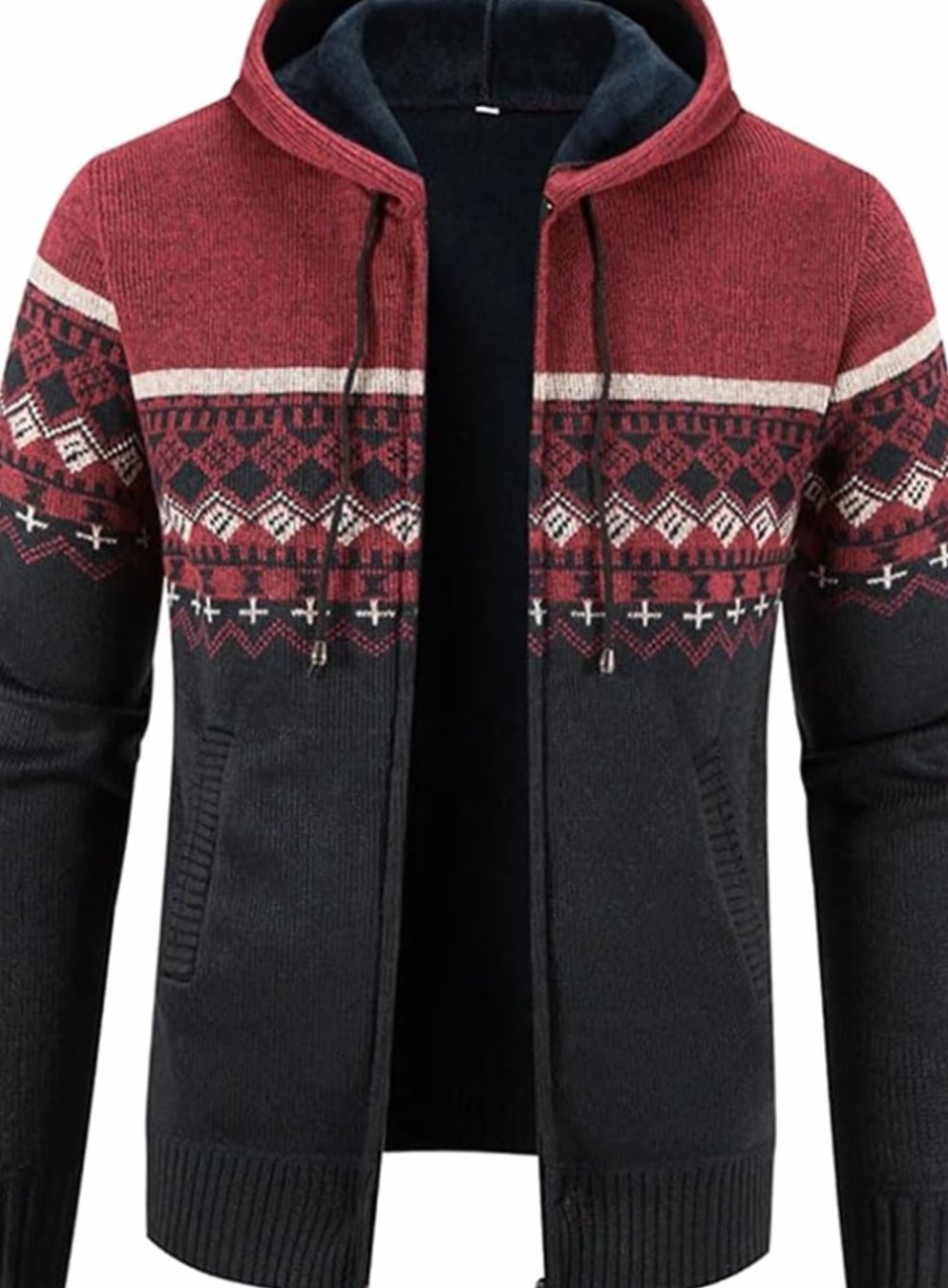 Men's Fleece-Lined Full-Zip Hooded Knit Front Cardigan Sweater - Red