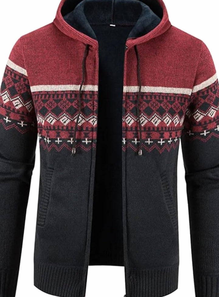 Men's Fleece-Lined Full-Zip Hooded Knit Front Cardigan Sweater - Red