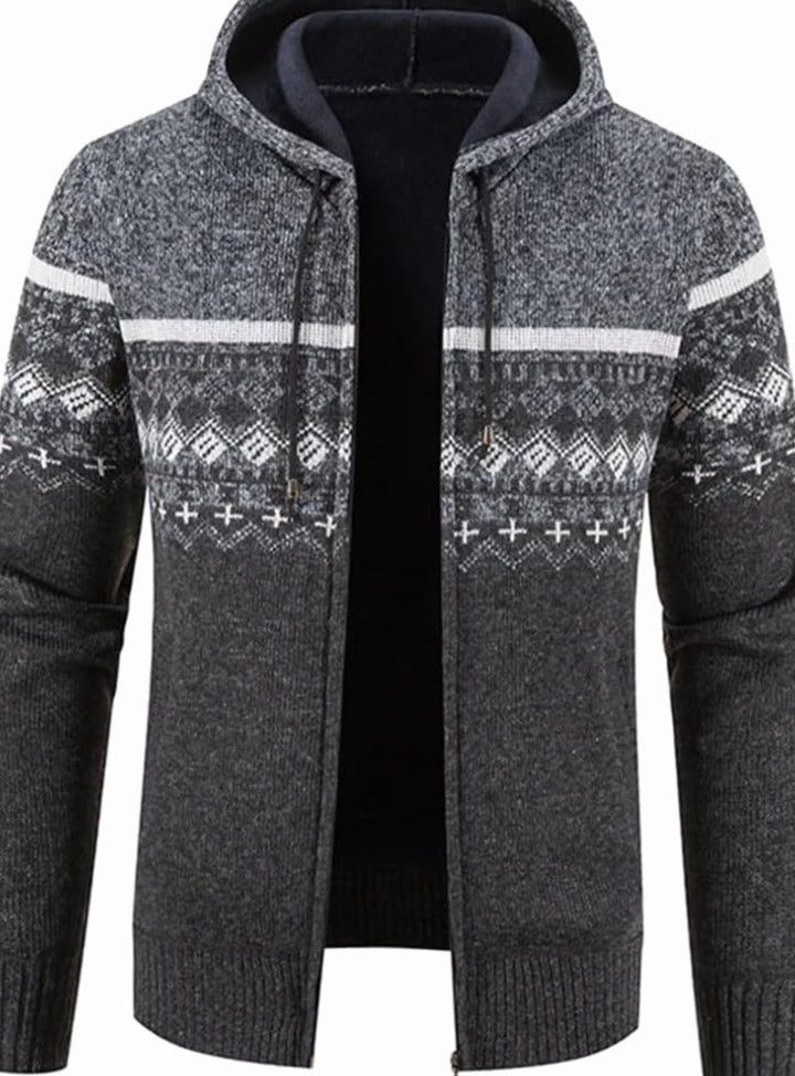 Men's Fleece-Lined Full-Zip Hooded Knit Front Cardigan Sweater - White Grey