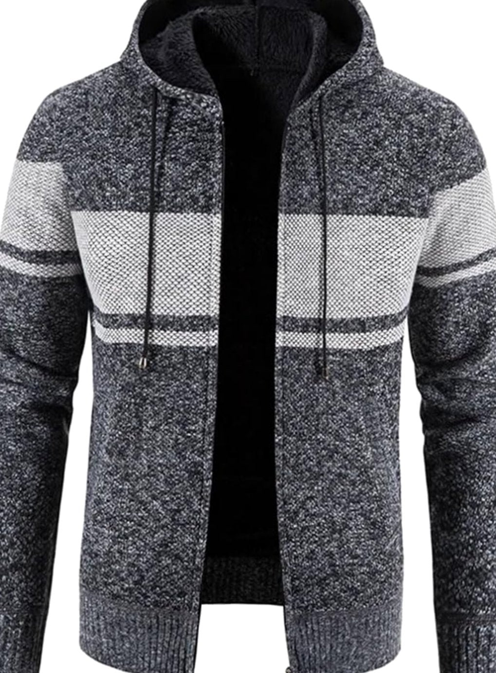 Men's Fleece-Lined Full-Zip Hooded Knit Front Cardigan Sweater - Grey