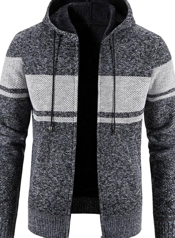 Men's Fleece-Lined Full-Zip Hooded Knit Front Cardigan Sweater - Grey