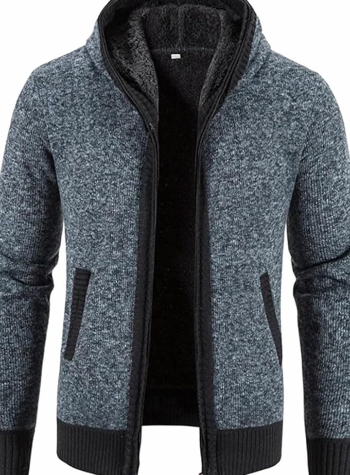 Men's Fleece-Lined Full-Zip Hooded Knit Front Cardigan Sweater - Solid Blue