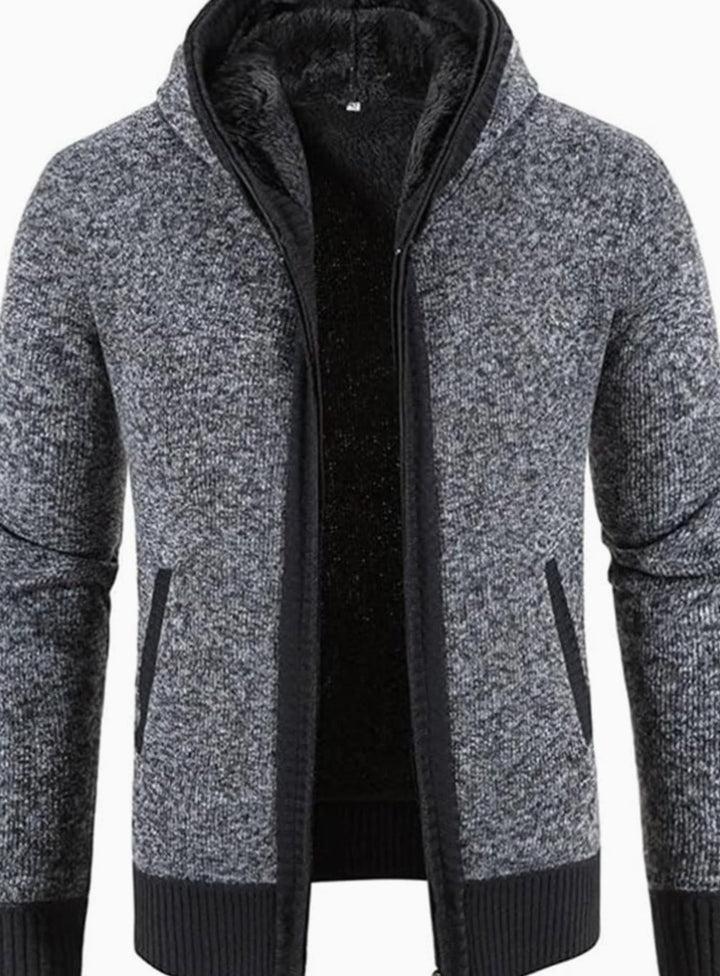 Men's Fleece-Lined Full-Zip Hooded Knit Front Cardigan Sweater - Solid Grey