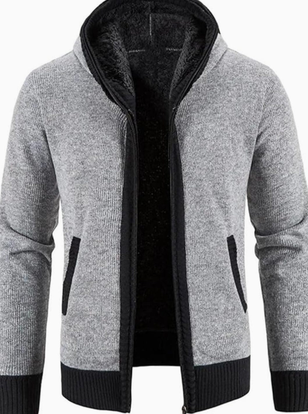 Men's Fleece-Lined Full-Zip Hooded Knit Front Cardigan Sweater - Solid Light Grey