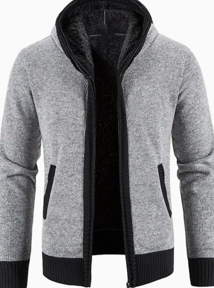 Men's Fleece-Lined Full-Zip Hooded Knit Front Cardigan Sweater - Solid Light Grey