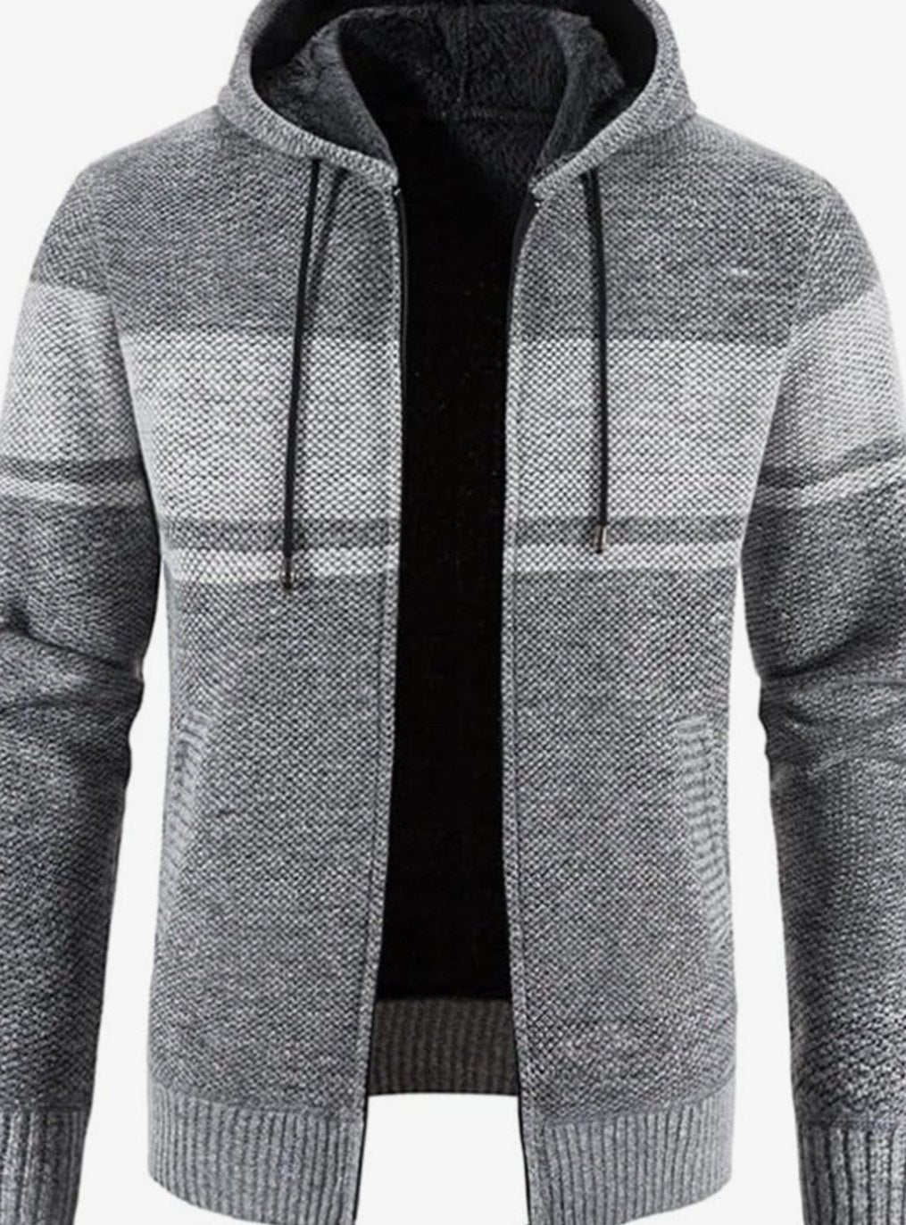 Men's Fleece-Lined Full-Zip Hooded Knit Front Cardigan Sweater - Light Grey