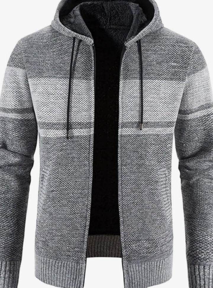 Men's Fleece-Lined Full-Zip Hooded Knit Front Cardigan Sweater - Light Grey