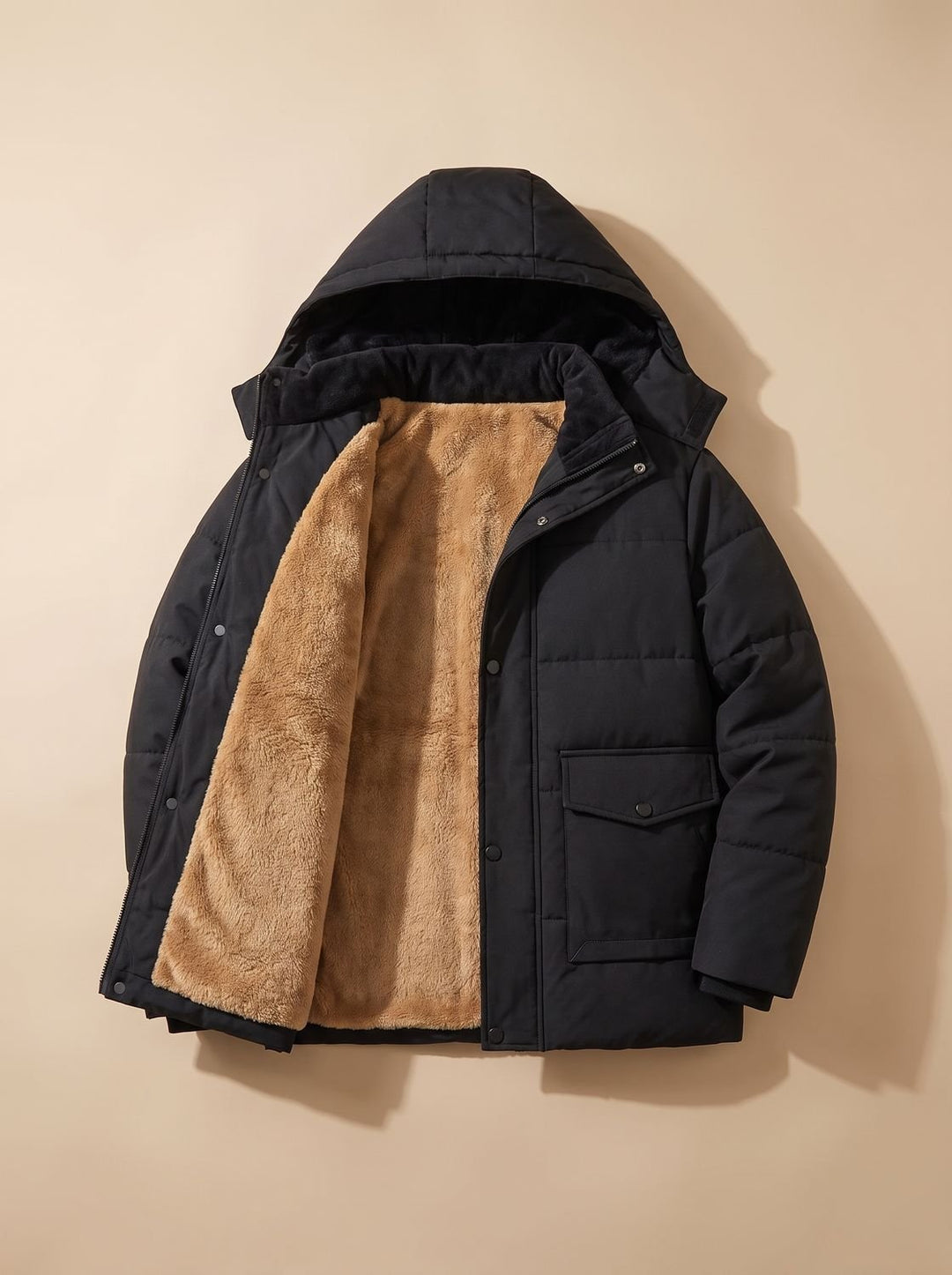 Men's Fleece-Lined Hooded Quilted Puffer Jacket Snap Button - Black