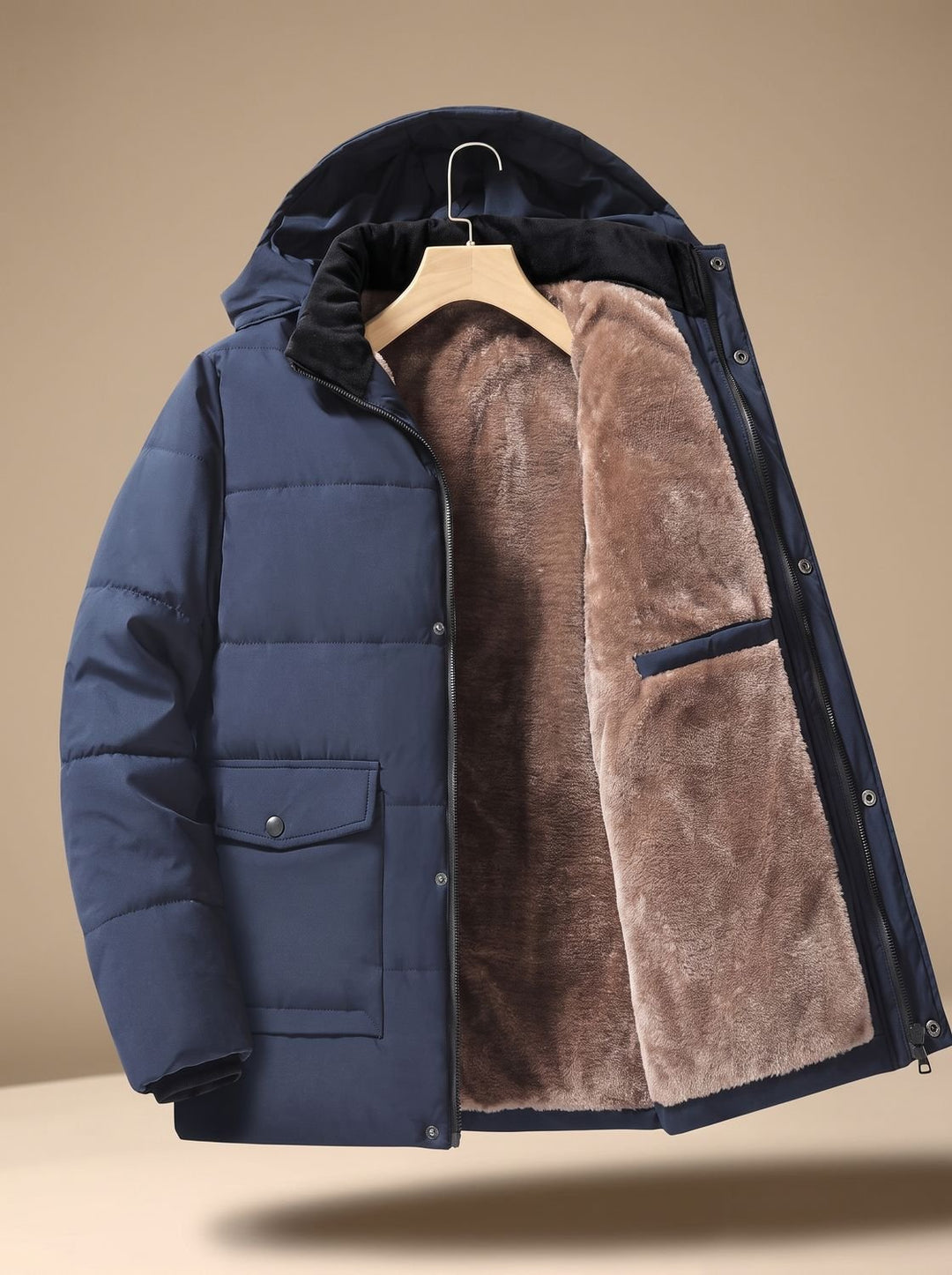 Men's Fleece-Lined Hooded Quilted Puffer Jacket Snap Button - Blue
