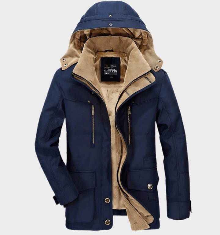 Men's Fleece-Lined Hooded Winter Parka Jacket Deep Pockets - Blue