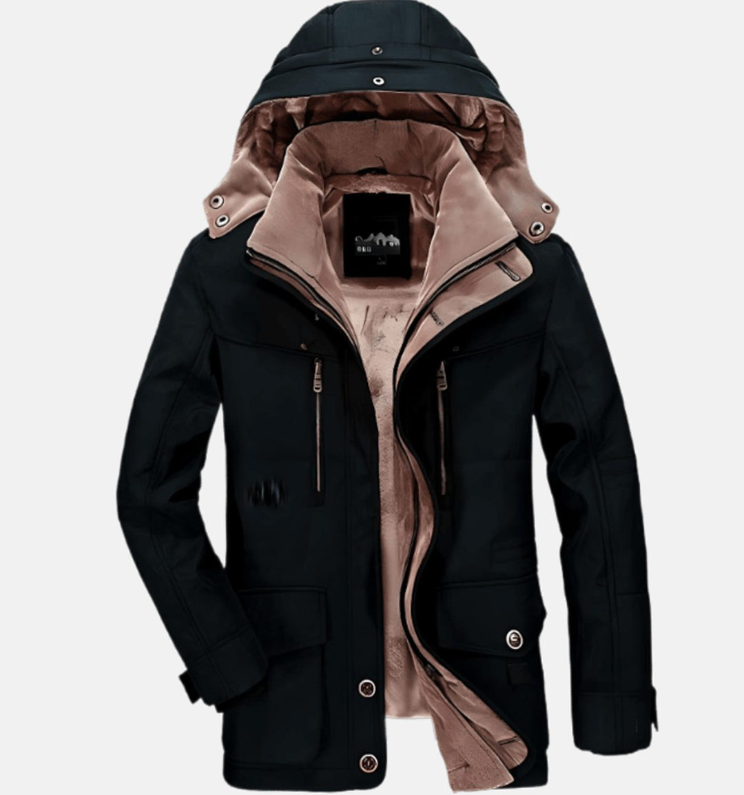 Men's Fleece-Lined Hooded Winter Parka Jacket Deep Pockets - Black