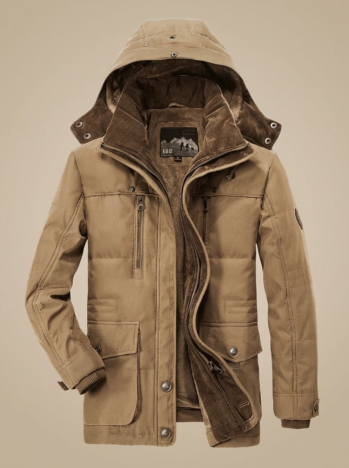Men's Fleece-Lined Hooded Winter Parka Jacket Deep Pockets - Khaki