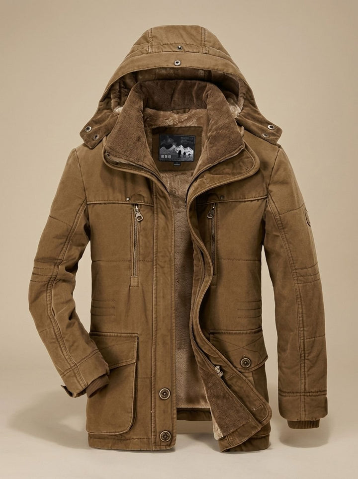 Men's Fleece-Lined Hooded Winter Parka Jacket Deep Pockets - Coffee