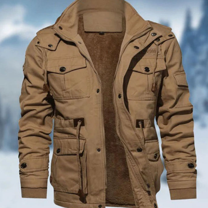 Men's Fleece-Lined Military Cargo Jacket Multi-Pocket - Beige