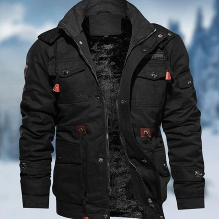Men's Fleece-Lined Military Cargo Jacket Multi-Pocket - Black