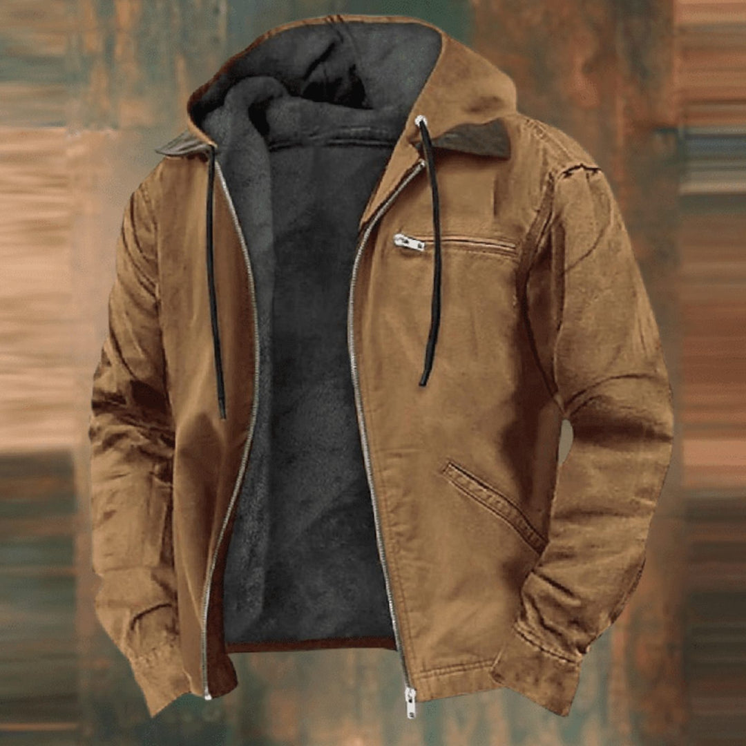 Men's Fleece-Lined Zip-Up Hooded Jacket - Brown