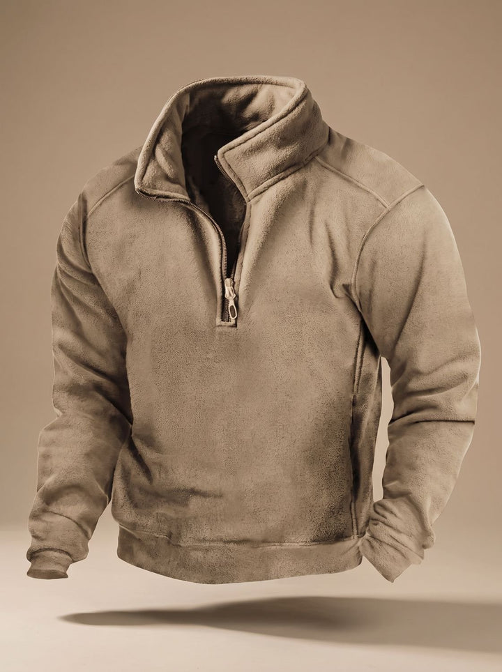 Men's Fleece Quarter-Zip Stand-Collar Pullover Sweater - Khaki