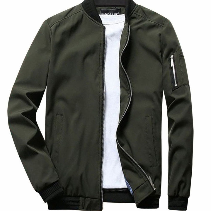 Men's Full-Zip Bomber Front Jacket Ribbed-Collar Lightweight - Army Green