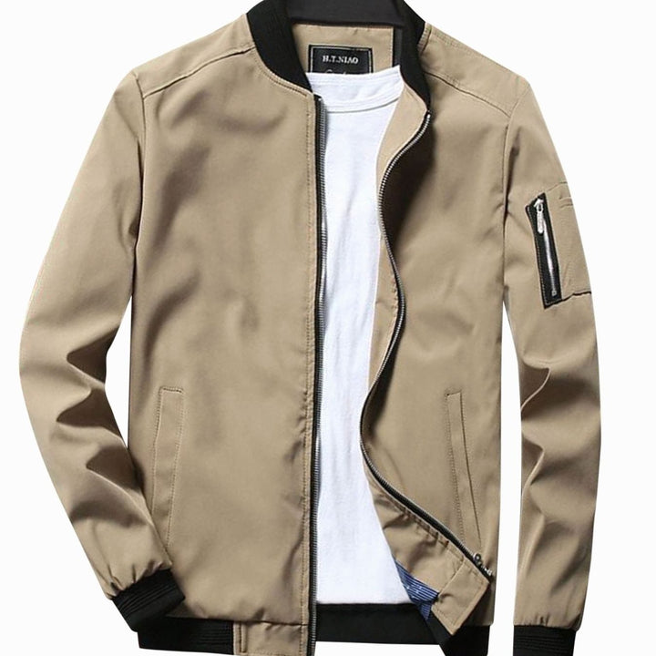 Men's Full-Zip Bomber Front Jacket Ribbed-Collar Lightweight - Khaki