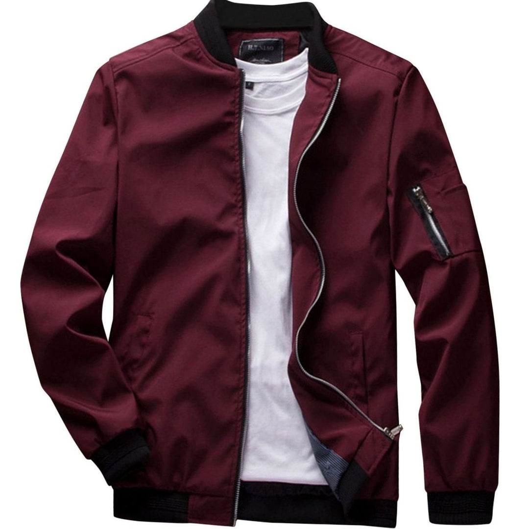 Men's Full-Zip Bomber Front Jacket Ribbed-Collar Lightweight - Burgundy